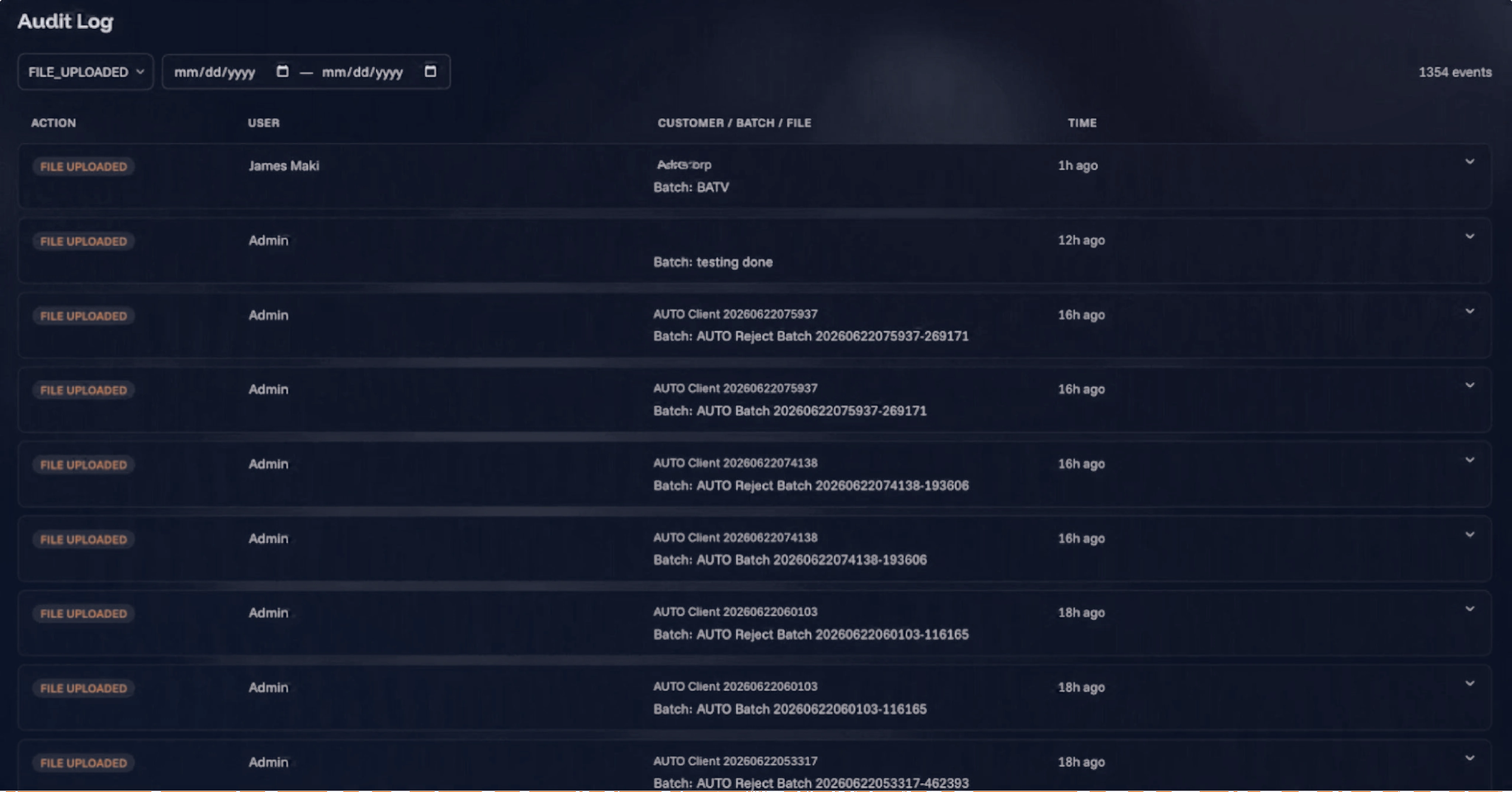 Audit log screenshot from the service platform