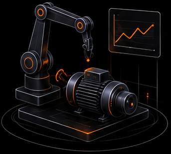 Robotic arm and industrial motor with performance chart