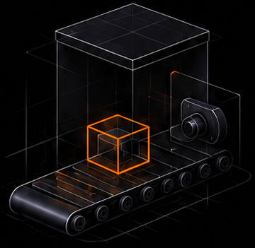 Conveyor belt with camera inspecting a highlighted cube
