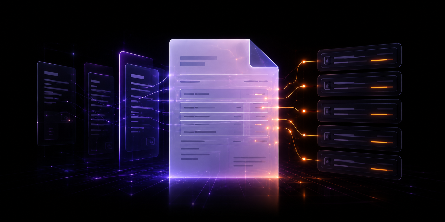Invoice document with extracted fields flowing to structured records